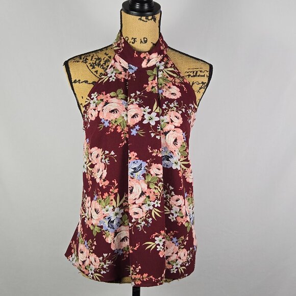 Blue Pan Halter Neck Floral Pleated Front Blouse Womens M Burgundy Pink Y2K Vibe - Picture 1 of 10